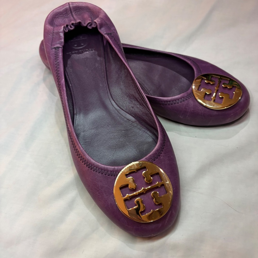 Tory Burch Reva Purple Leather Ballet Flats Gold Logo Medallion Size 11M